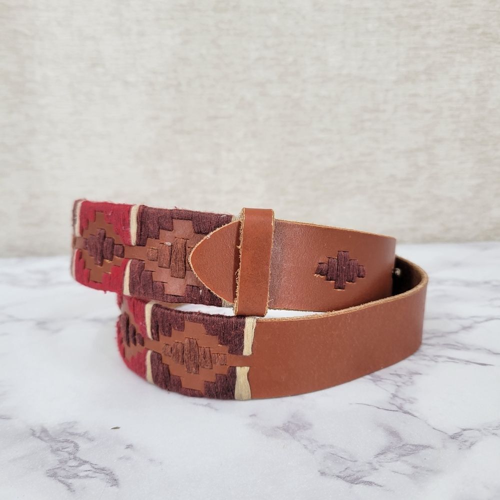 Loft Belt Leather Western Aztec Embroidered Brown and Red Patterned